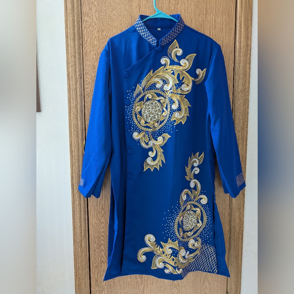 Ao Dai Men's Blue Embroidered Shirt